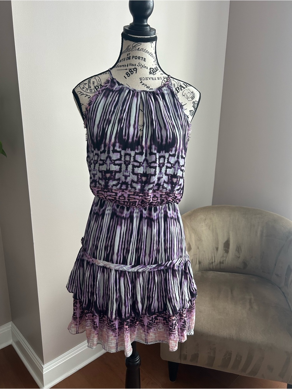 Parker NY 100% Silk Purple Abstract Print Tiered Mini Dress (XS/S)